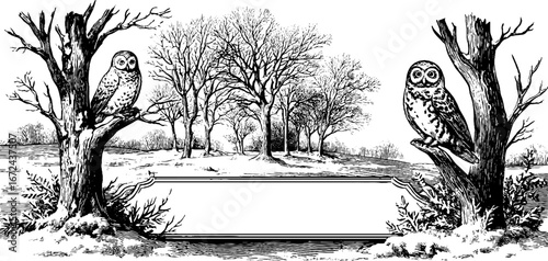 Vintage woodland scene with owls and trees in hand drawn black and white engraving for design