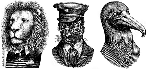 Vintage animal portraits in uniform - intricate black and white engraving for creative designs