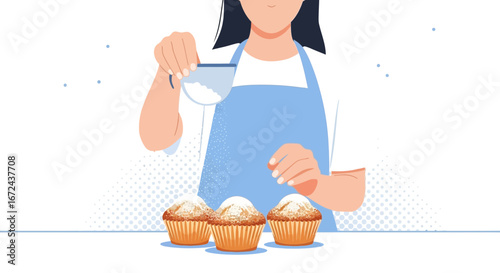 Baker Sprinkling Powdered Sugar Over Freshly Baked Muffins For Sweet Culinary Delight