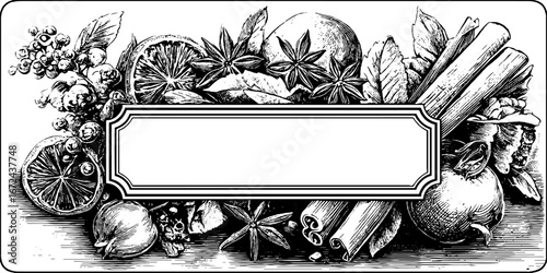 Vintage fruit and spice engraving with blank label for design purposes