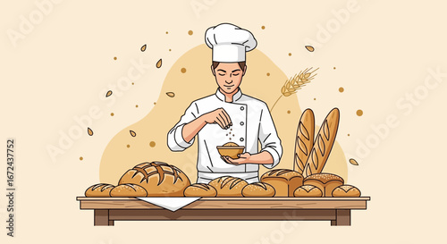 Baker Sprinkling Spices on Fresh Bread Displayed on a Wooden Table in a Bakery Setting