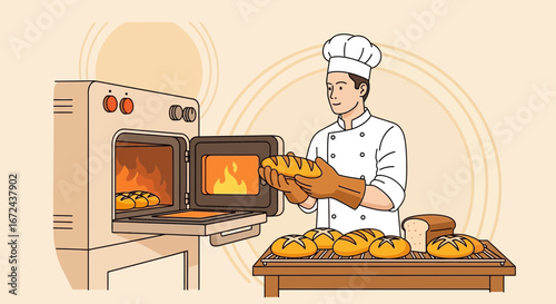 Baker With Fresh Bread and Oven in a Bakery, Ready to Serve Delicious Baked Goods