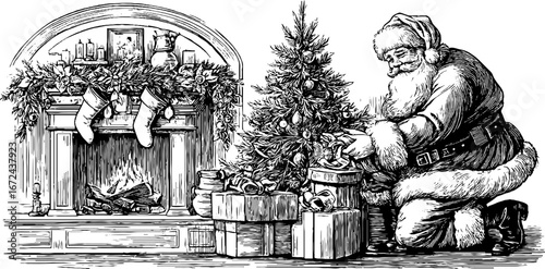 Christmas holiday tradition with santa claus decorating tree by fireplace