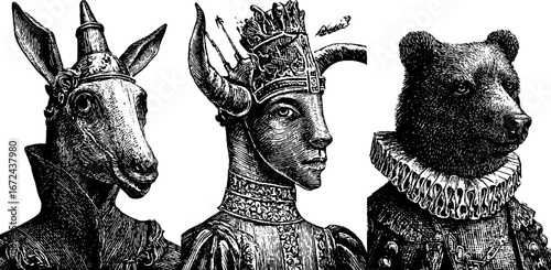 Intricate vintage animal portraits in royal attire - black and white engraving for design and decor