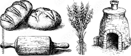 Autumn bread festival illustration set featuring breads, wheat, and stone oven for seasonal celebrations