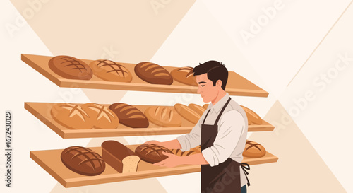 Bakery Artisan Organizing Breads Displaying Delicious Loaves And Buns Presentation