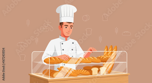 Bakery Artisan Presents Freshly Baked Bread In A Display Stand Ready For Sale