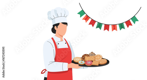 Bakery Chef Delivers Freshly Baked Biscuits Decorated For A Holiday Celebration