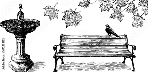 Autumn city park scene with cast iron bench, fountain, and falling leaves for vintage design use