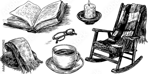 Autumn cozy reading essentials: open book, rocking chair, and candle for relaxing moments