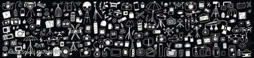 An intricate border composed of hand-drawn photography, filmmaking, audio, and tech gear icons, forming a whimsical collage on a dark background that showcases production tools.