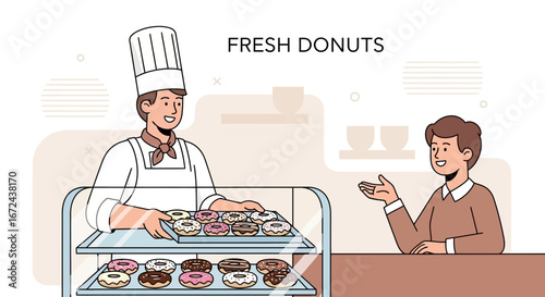 Bakery Chef Presenting Freshly Baked Donuts To A Customer In A Bright Cafe Illustration