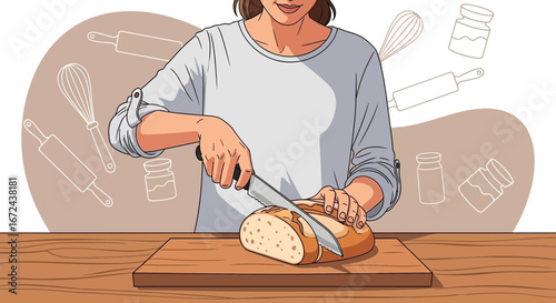Bakery Artisan Slicing Freshly Baked Bread, Kitchen Scene with Various Baking Tools Shown