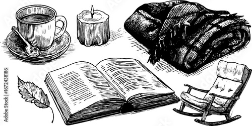 Cozy autumn reading set with open book, blanket, candle, and rocking chair