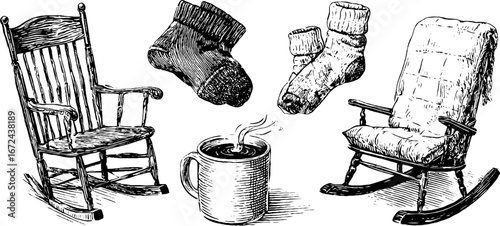 Autumn cozy symbols set with wool socks and rocking chairs for seasonal design
