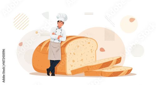 Bakery Chef Proudly Stands Beside Freshly Baked Bread Loaf Ready To Serve Customers