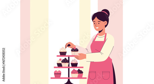 Bakery Employee Carefully Arranging Cupcakes on a Decorative Stand for Presentation