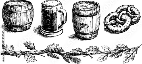 Autumn german beer harvest illustration set featuring barrels, pretzel, and oak leaves for festive design