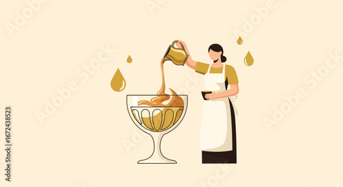 Barista Pouring Golden Espresso Mixture Into Glass, Illustration Of Coffee Preparation