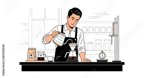 Barista Pouring Hot Water Into Coffee Maker Creating Freshly Brewed Beverage