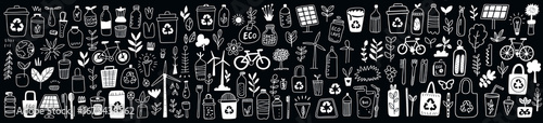 Chalkboard doodle collage illustrating eco living and sustainability through recycling, composting, renewable energy, green transport, conservation, nature imagery