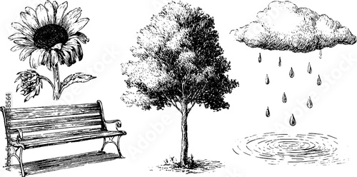 Autumn melancholy hand drawn set: wilted flower, rain cloud, tree, and bench sketch for design