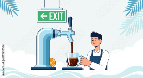 Barista Pours Refreshing Drink Under An Exit Sign In A Modern, Illustrated Style