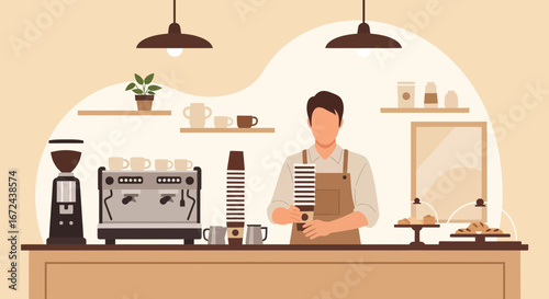 Barista Prepares Coffee In A Cozy Cafe With Modern, Artistic And Minimalist Design