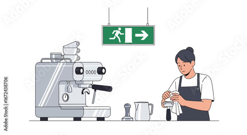 Barista Preparing Coffee, Equipment and Emergency Exit Sign, Modern Illustration