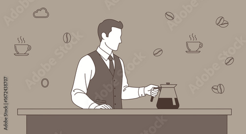 Barista Preparing Coffee, Pouring From a Carafe, Illustration In Brown Tones