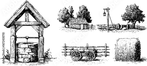 Autumn village scene collection: rustic stone well, wagon, and countryside landscape sketches