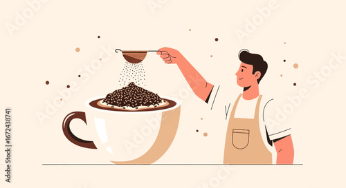 Barista Preparing Cup of Coffee with Cocoa Powder, Beautifully Illustrative, Flat Design