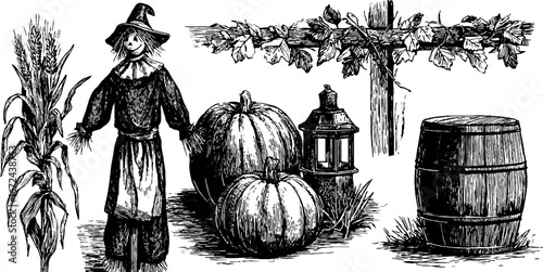 Autumn rural traditions set featuring scarecrow, pumpkins, corn, and lantern for seasonal decor
