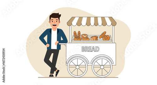 Bakery Vendor: Modern Illustration Of Friendly Seller Next To His Bread Cart