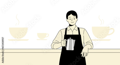Barista Smiling At The Viewer Holding A Silver Pot And Waiting Near Coffee Cups