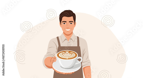 Barista Smiling And Offering Latte Art Coffee For Joyful Start Of The Day Presentation