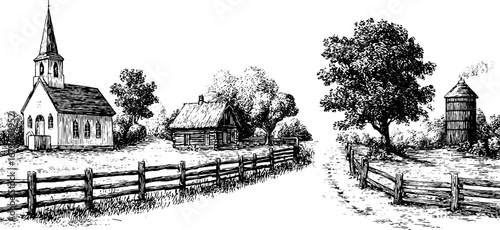 Autumn village panorama with church and rural landscape - hand drawn vintage illustration set