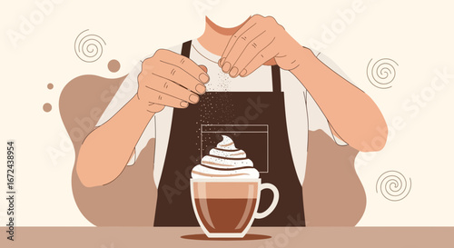 Barista Sprinkling Chocolate Powder On Coffee, Freshly Prepared, Delicious, Ready To Serve