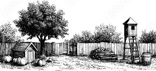 Autumn village yard scene with wooden fence and pumpkins
