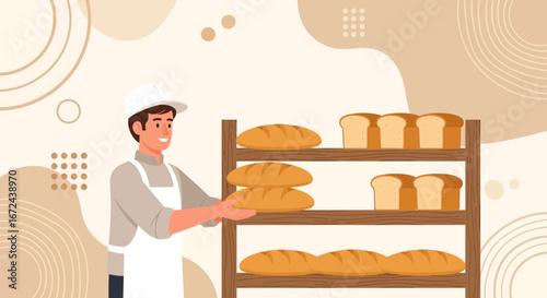 Bakery Worker Carefully Arranging Freshly Baked Loaves Of Bread On Wooden Shelves