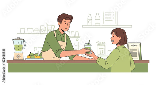 Barista Smiling While Serving Smoothie drink To Woman At Cafe Counter Illustration