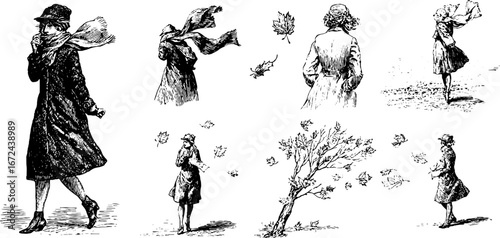 Autumn windy day with flying leaves – vintage hand-drawn illustration set