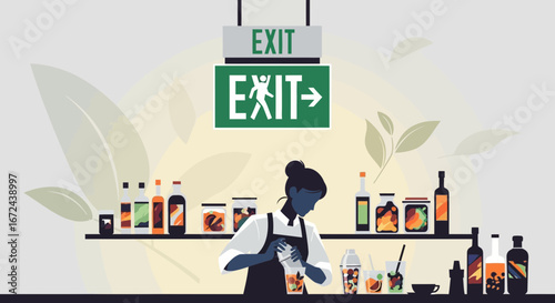 Bartender Crafting Beverages Under An Exit Sign in A Contemporary Style Aesthetic