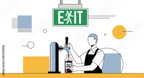 Bartender Pours Coffee, Signage Hints At The Importance Of Refreshments And Coffee Breaks
