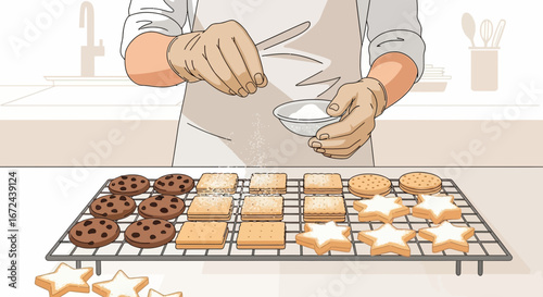 Baking Artisan Cookies: Sprinkling Sweet Icing over Delicious Homemade Baked Treats