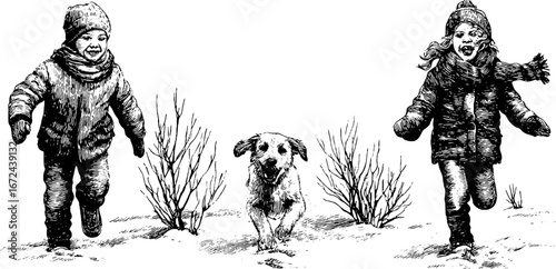 Winter fun: children and dog playing in snow - hand drawn vintage illustration