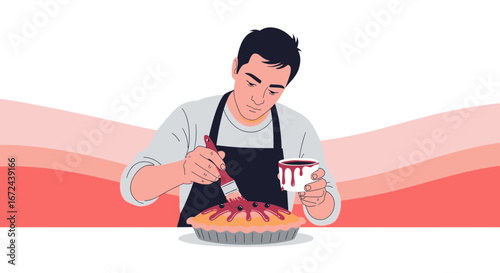 Baking Chef Preparing Pie, Brushing Top, Artistic Illustration, Culinary Craft