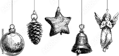 Vintage christmas ornaments collection featuring glass baubles bells and angel sketch for festive decor