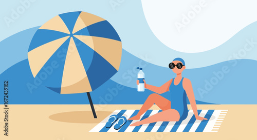 Beach Day Relaxation Of Female Swimmer Under The Beach Umbrella Enjoying Sunshine
