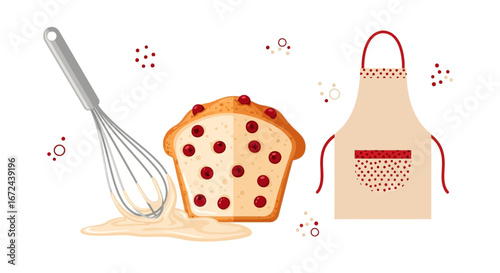 Baking Essentials: Delicious Cake, Whisk And Aprons for Creating Culinary Art